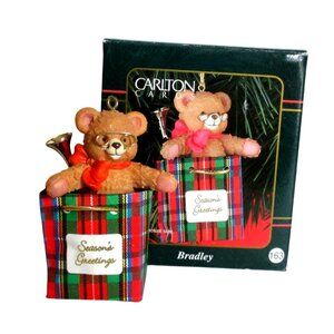 Carlton Cards 1998 Bradley Bear In Tartan Gift Bag Christmas Ornament Decoration